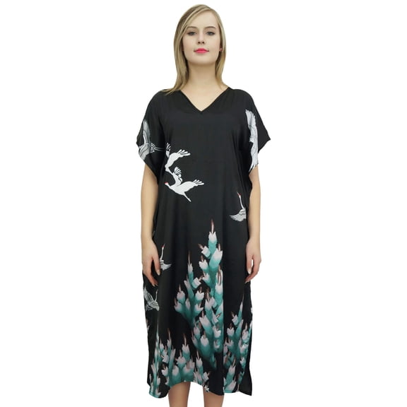 Bimba Women's Floral Bird Print Satin Maxi Kaftan Kimono Coverup Long Caftan-6