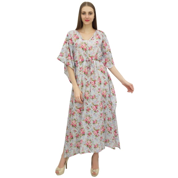 Bimba Women's Floral Cotton Kaftan Kimono Sleeve Coverup Blue Maxi Caftan-24