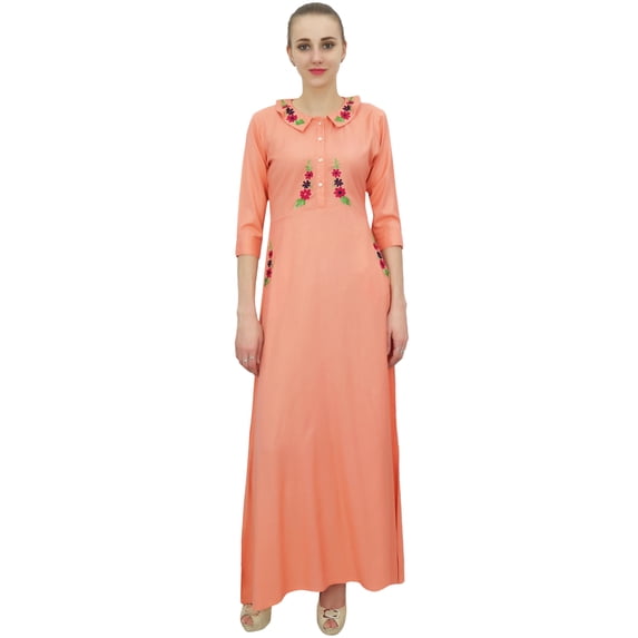 Bimba Women's Floral Embroidered 3/4 Sleeve Maxi Peach Dress With Pockets-14