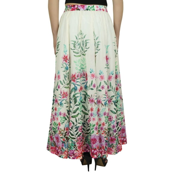 Bimba Women's Floral Print Cotton Skirt Elastic Waist Maxi Off White Skirts-S