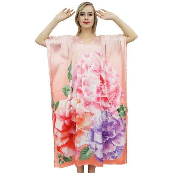 Bimba Women's Floral Print Peach Satin Long Caftan Kimono Coverup Maxi Kaftan-4