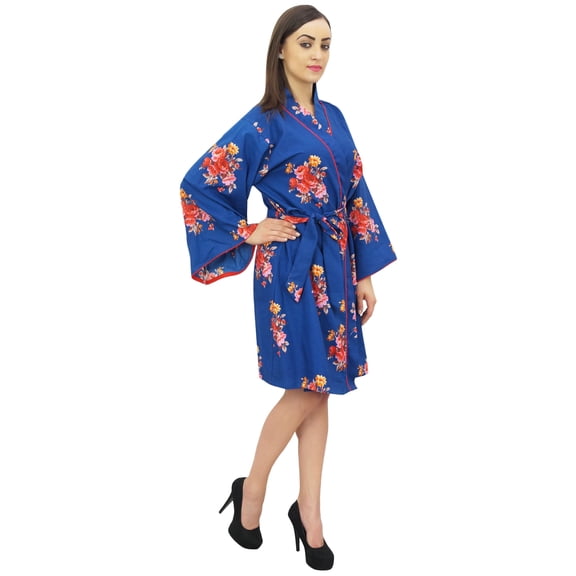 Bimba Women's Floral Print Royal Blue Bridesmaid Sleepwear Kimono Robe - 10