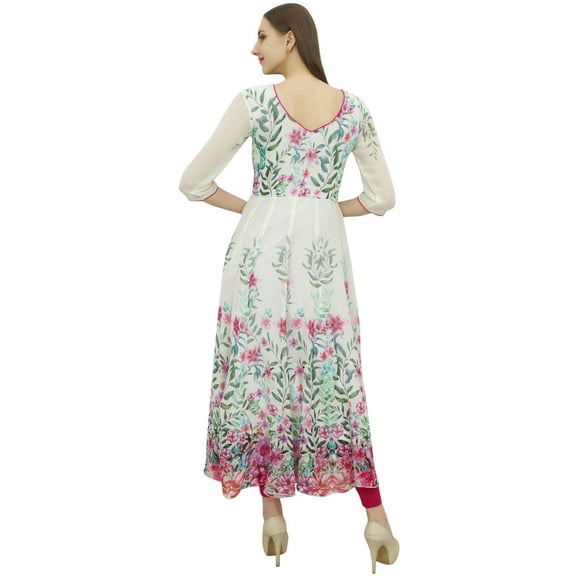 Bimba Women's Floral Print White Anarkali Flared Classic Blouse Kurti Kurta-4