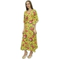 thumbnail image 1 of Bimba Women's Floral Printed Yellow Full Kimono Sleeve With Drawstring Kaftan-4, 1 of 5