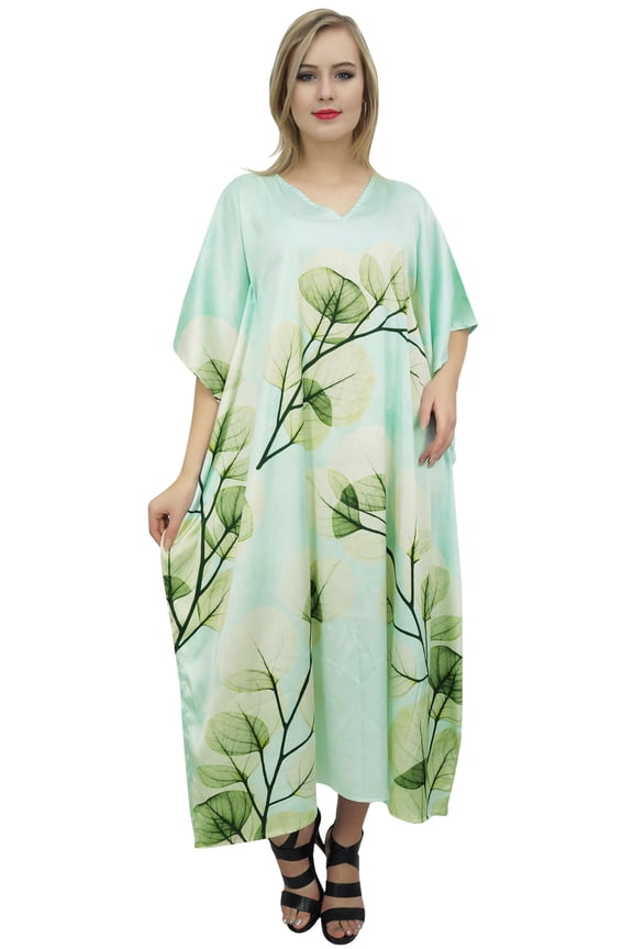 Women's Floral Satin Long Kaftan Dress Aqua Blue Maxi Caftan Coverup-16