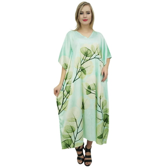 Bimba Women's Floral Satin Long Kaftan Dress Aqua Blue Maxi Caftan Coverup-4