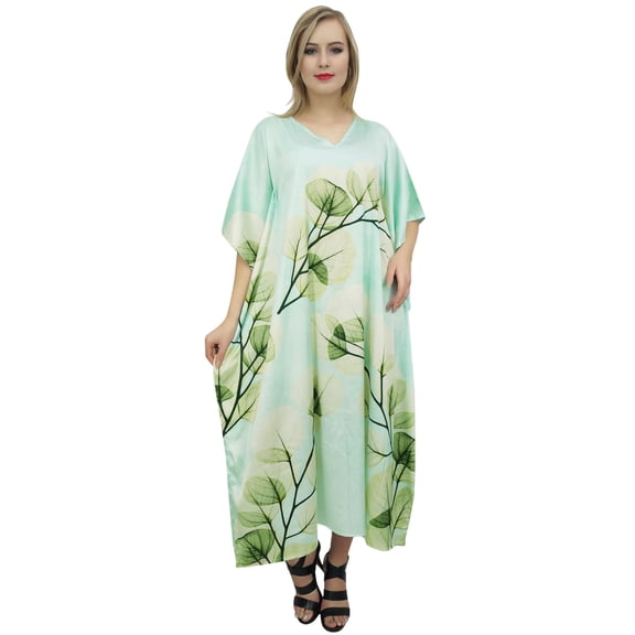 Bimba Women's Floral Satin Long Kaftan Dress Aqua Blue Maxi Caftan Coverup-6
