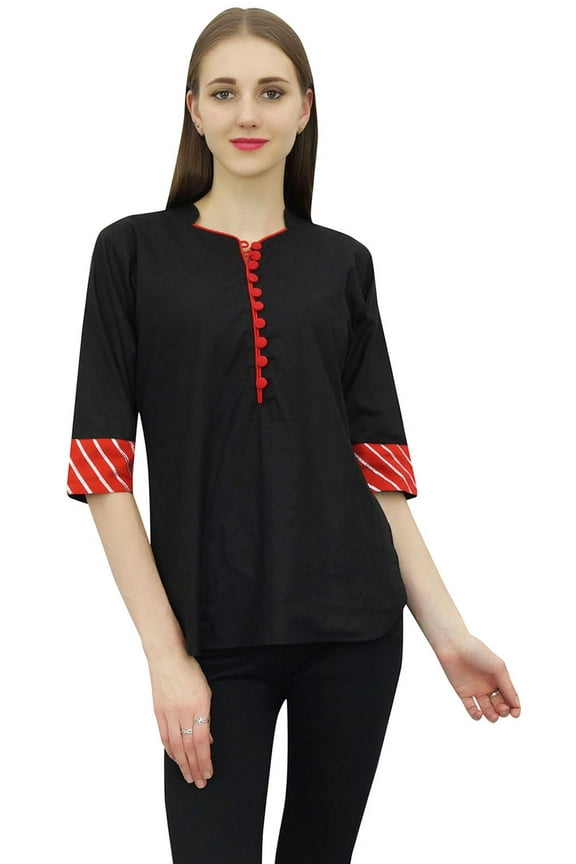 Women's Full Sleeve Cotton Tunic Band Collar Button Down Black Top-12