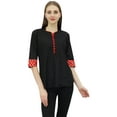 thumbnail image 1 of Bimba Women's Full Sleeve Cotton Tunic Band Collar Button Down Black Top-4, 1 of 5