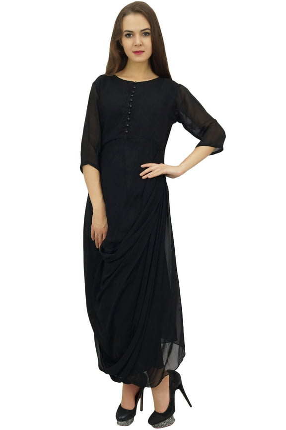 Women's Georgette Black Cowl Dress 3/4 Sleeve Solid Casual Long Maxi - 20