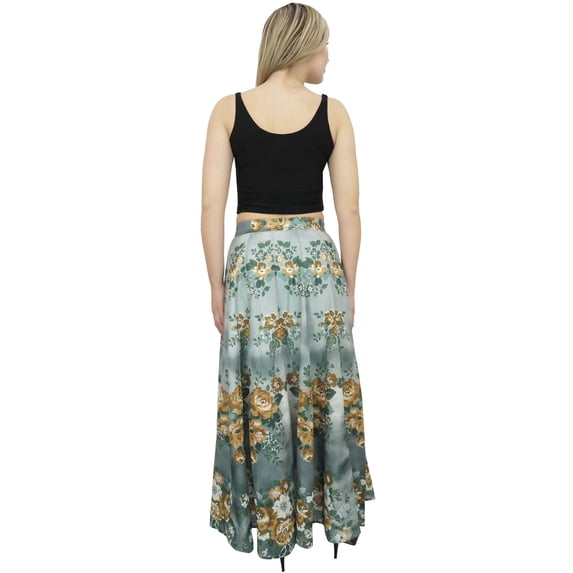 Bimba Women's Gray Floral Print Cotton Skirt Elastic Waist Maxi Summer Skirts-L