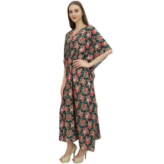Bimba Women's Green Floral Printed Beach Long Coverup Maxi Dress Caftan-14