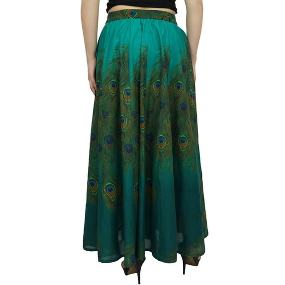 Bimba Women's Green Peacock Feather Print Cotton Summer Skirt Elastic Waist-L