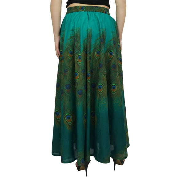 Bimba Women's Green Peacock Feather Print Cotton Summer Skirt Elastic Waist-S