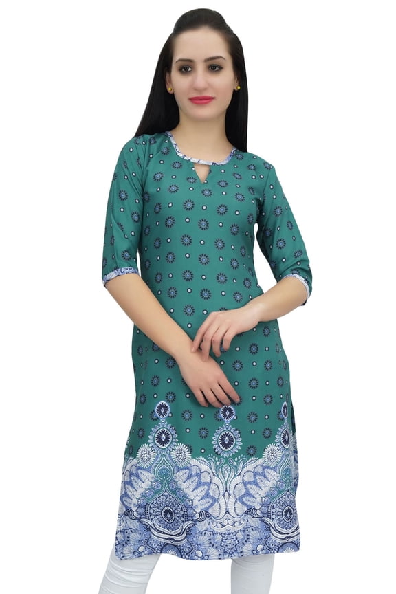 Women's Green Printed Tunic Georgette Kurti Kurta Indian Long Blouse-30