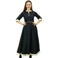 thumbnail image 1 of Bimba Women's Indian Ethnic Cotton Kurta Long Anarkali Kurti With Wooden Beaded String Belt, Black, 4, 1 of 9