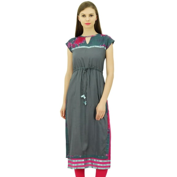 Bimba Women's Indian Kurti Cap Sleeve Double Layer Straight Kurta With Drawstring Waist