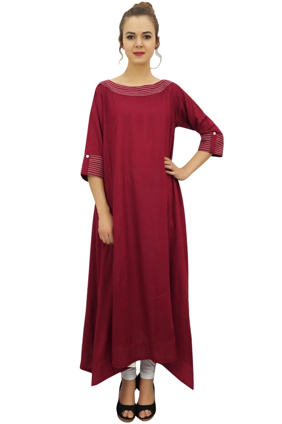 Women's Indian Maroon Rayon Asymmetrical Hem Casual Kurta With Scarf - 12