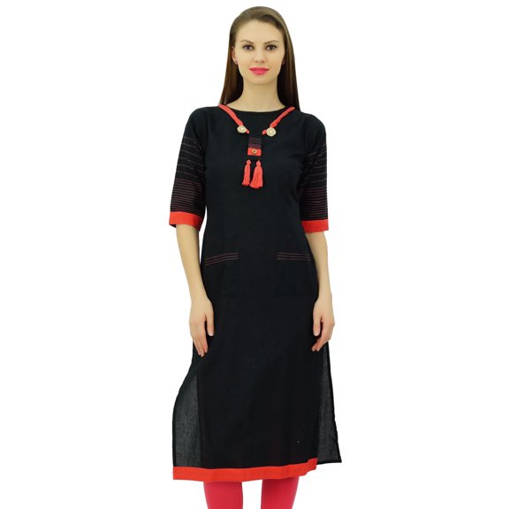 Bimba Women's Khadi Cotton Tunic Chic Kurta Kurti With Handmade Necklace Attached Clothing