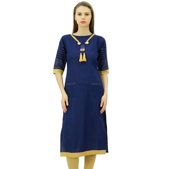 Bimba Women's Khadi Cotton Tunic Chic Kurta Kurti With Handmade Necklace Attached Clothing