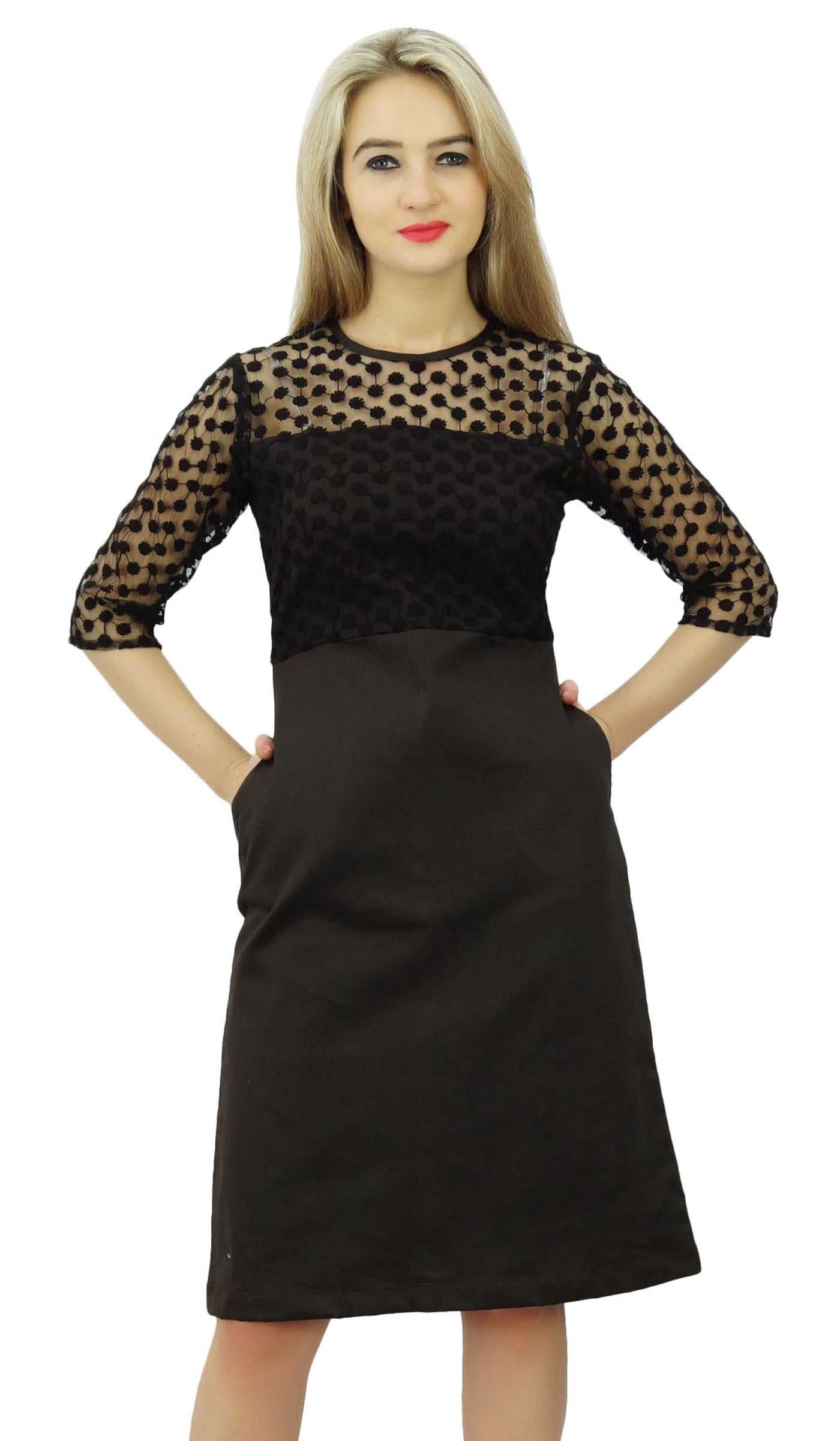 chinese dress ladies Black Embroidered Lace Yoke Fit & Flare Dress Medium main image 1