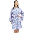 thumbnail image 1 of Bimba Women's Leaf Printed Blue Cotton Poplin Bridesmaid Kimono Robe Coverup - 26, 1 of 4