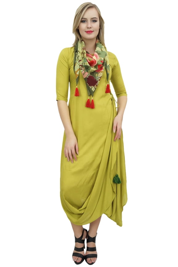 Women's Light Olive Green Cowl Drape Maxi Dress Wear With Tassel Scarf-12