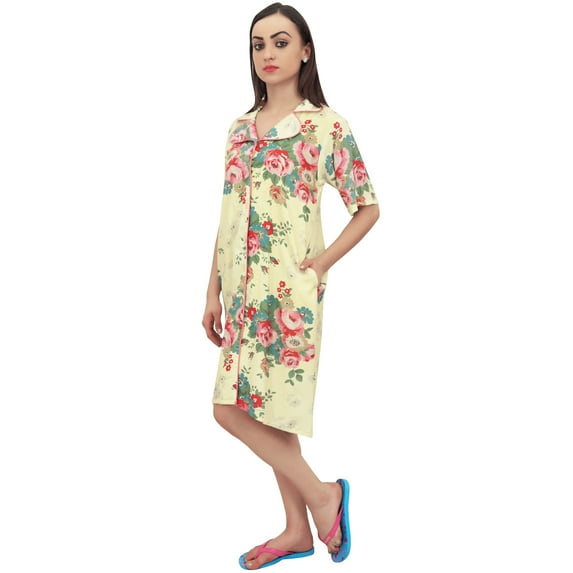 Bimba Women's Light Yellow Floral Print Sleepwear Short Sleeve Night Shirt - 8