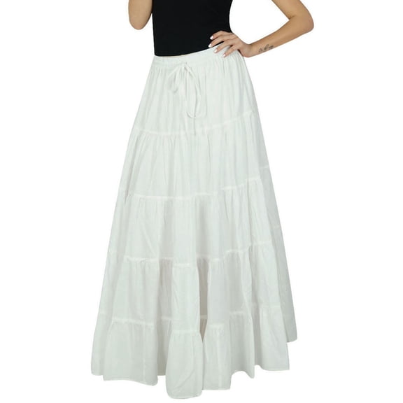 Bimba Women's Long Cotton Skirt Blue Boho Style Maxi Elastic Waist Bottom -S