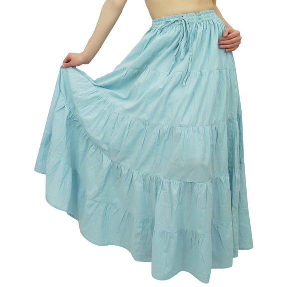 Bimba Women's Long Cotton Skirt Blue Boho Style Maxi Elastic Waist Bottom -S