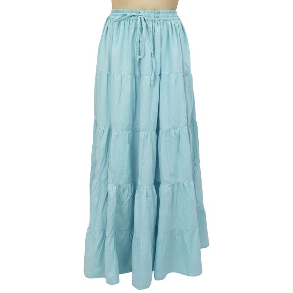 Bimba Women's Long Cotton Skirt Blue Boho Style Maxi Elastic Waist Bottom -S