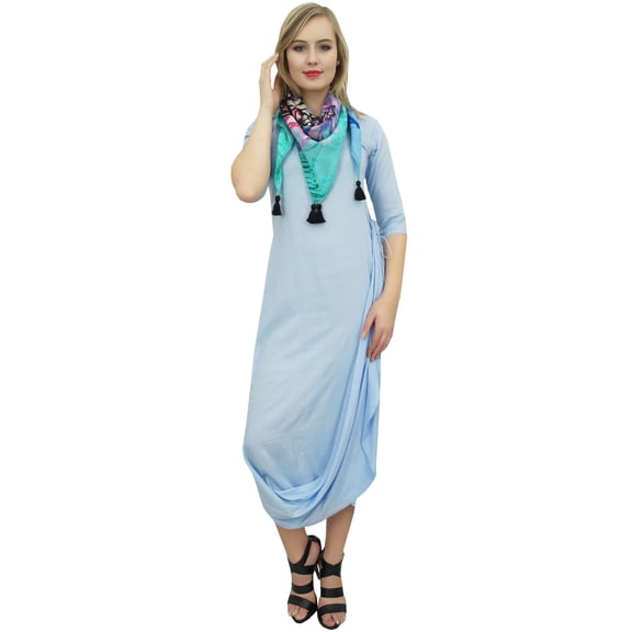 Bimba Women's Long Cowl Drape Maxi Sky Blue Dress With Printed Tassel Scarf-8