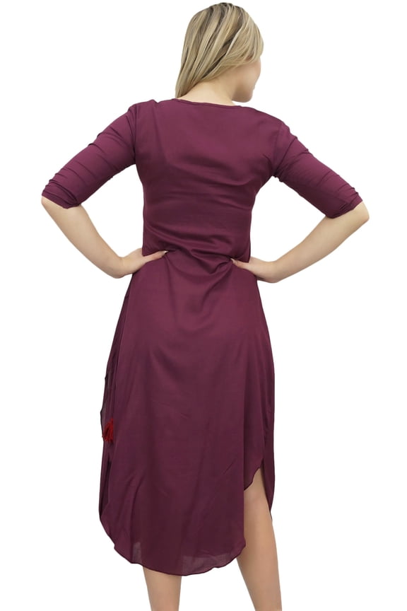 Women's Long Dress With Printed Tassel Scarf Plum Cowl Drape Maxi Wear-6