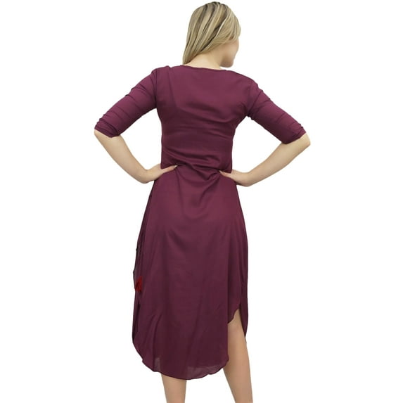Bimba Women's Long Dress With Printed Tassel Scarf Plum Cowl Drape Maxi Wear-6