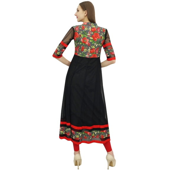 Bimba Women's Long Flared Black Anarkali Kurti Kurta Indian Classic Blouse-6