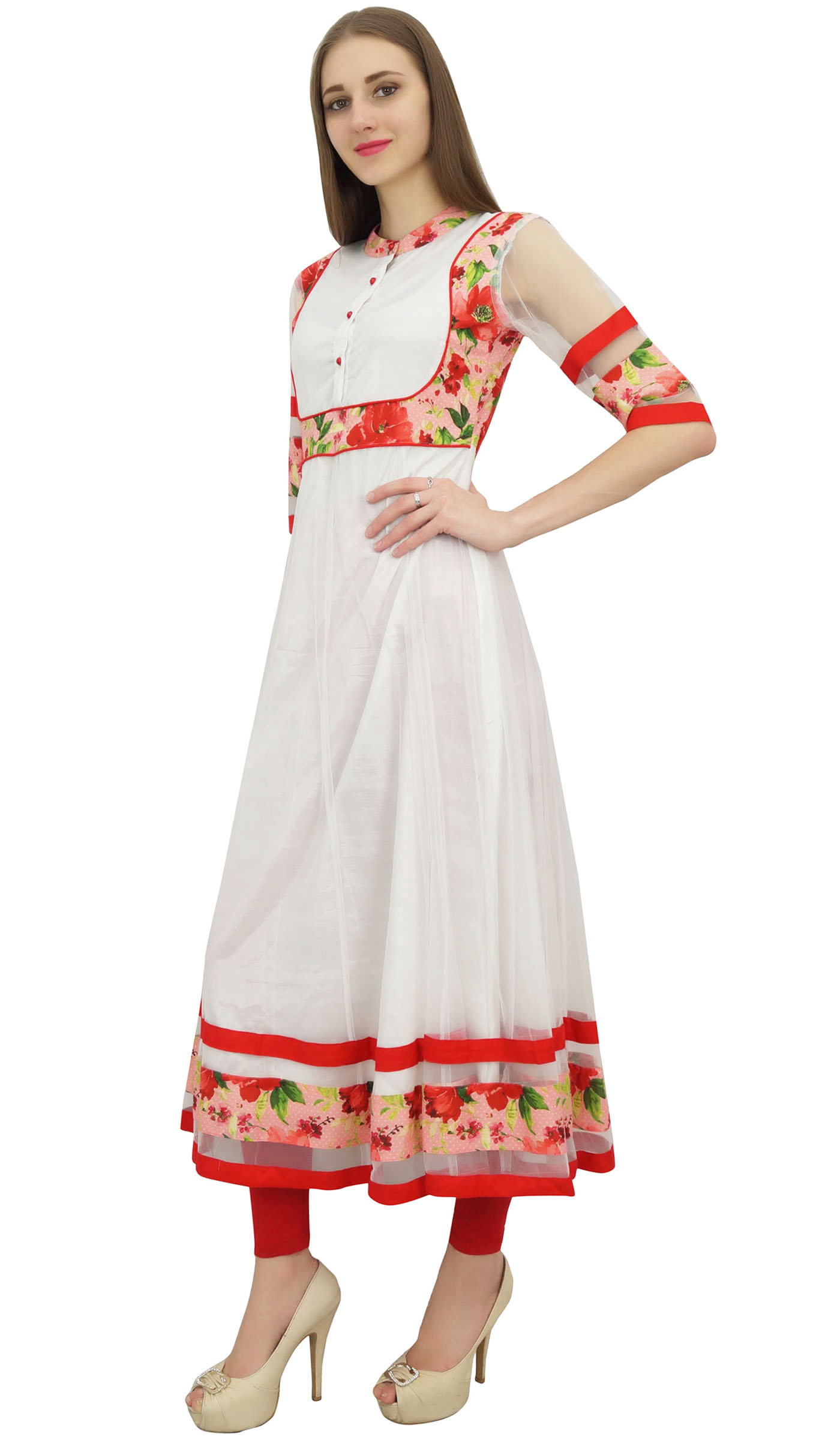 Bimba Women's Peach Flared Anarkali Kurta - Cotton, 50 Inch Length, 3/4 Sleeves, Floral Design - View #11