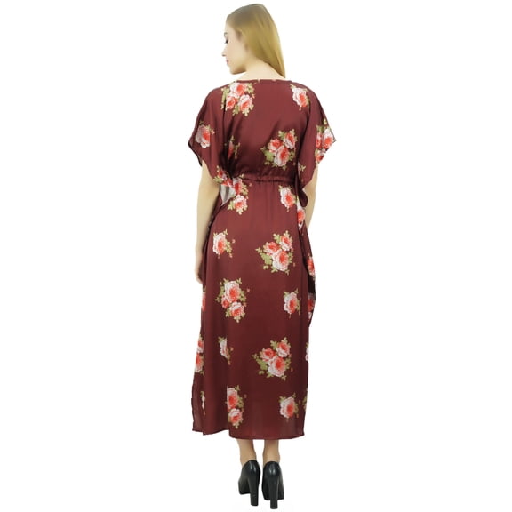 Bimba Women's Long Getting Ready Maroon Gown Drawstring Floral Kaftan Kimono - 12