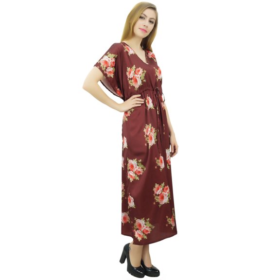 Bimba Women's Long Getting Ready Maroon Gown Drawstring Floral Kaftan Kimono - 14