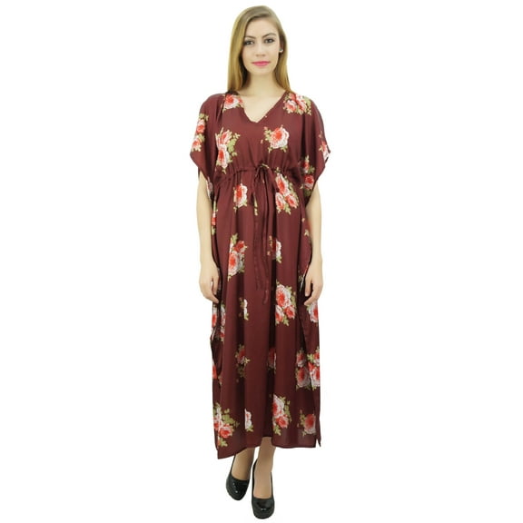 Bimba Women's Long Getting Ready Maroon Gown Drawstring Floral Kaftan Kimono - 18