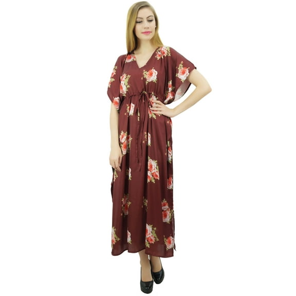 Bimba Women's Long Getting Ready Maroon Gown Drawstring Floral Kaftan Kimono - 6