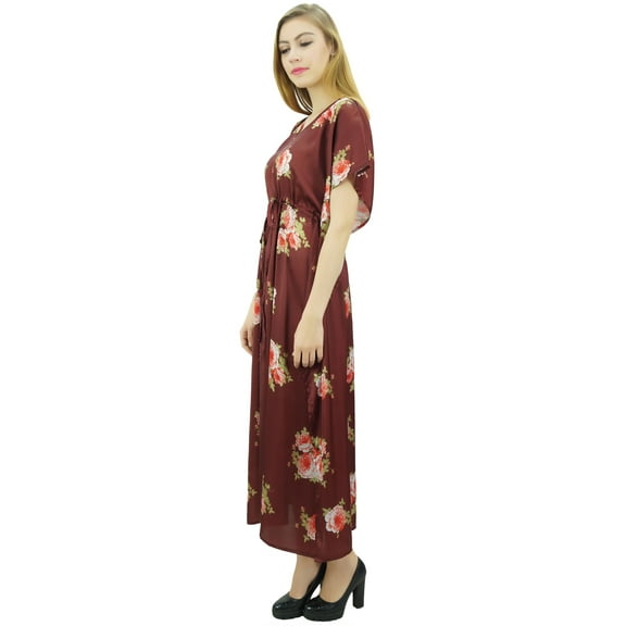 Bimba Women's Long Getting Ready Maroon Gown Drawstring Floral Kaftan Kimono - 8