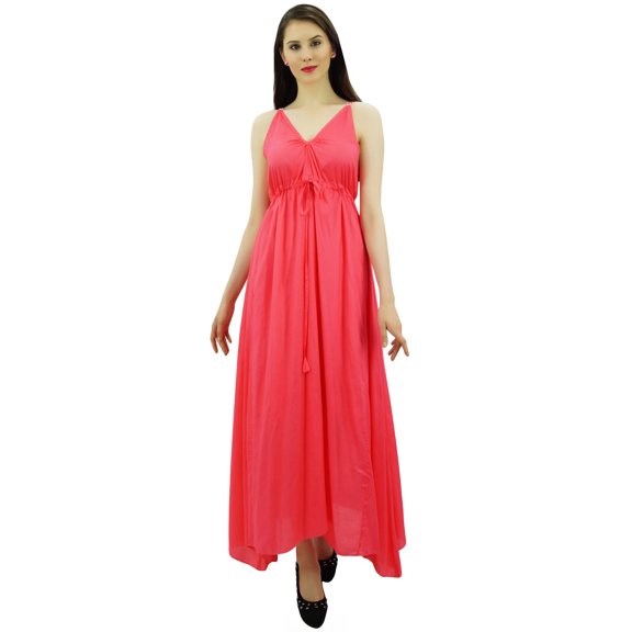 Bimba Women's Long Maxi Cotton Beach Dress Drawstring Waist Strappy Resort Dresses