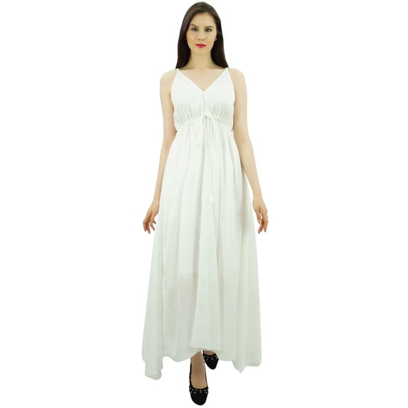 Bimba Women's Long Maxi Cotton Beach Dress Drawstring Waist Strappy Resort Dresses