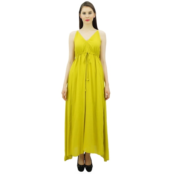 Bimba Women's Long Maxi Cotton Beach Dress Drawstring Waist Strappy Resort Dresses