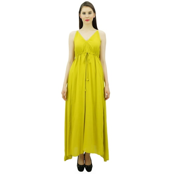 Bimba Women's Long Maxi Cotton Beach Dress Drawstring Waist Strappy Resort Dresses
