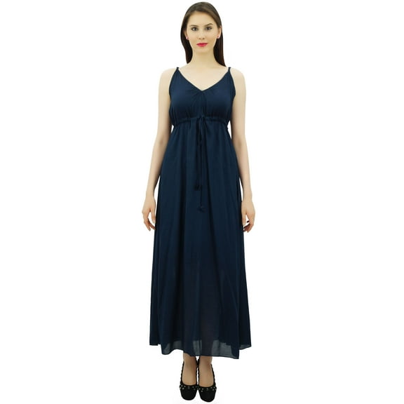 Bimba Women's Long Maxi Cotton Beach Dress Drawstring Waist Strappy Resort Dresses