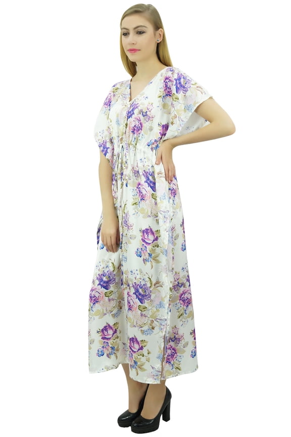 Women's Long Maxi Kaftan Drawstring White Floral Getting Ready Gown - 6