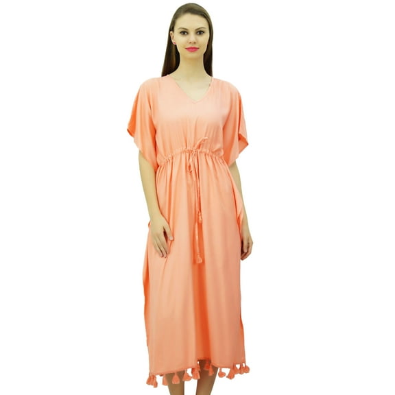 Bimba Women's Long Maxi Kimono Kaftan Rayon Night Gown Drawstring Tassel Caftan Coverup