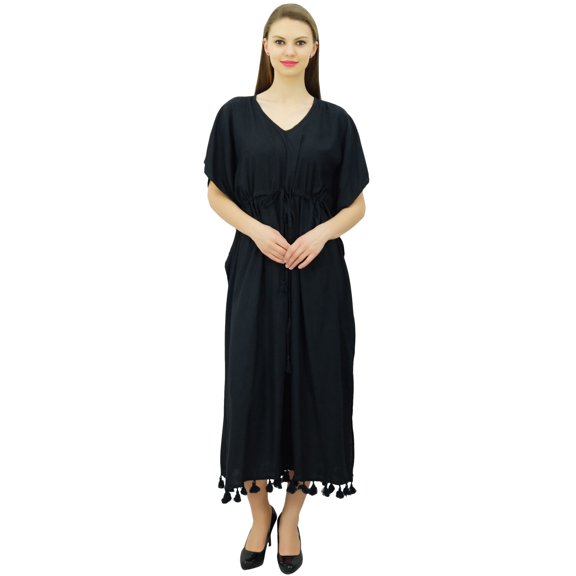 Bimba Women's Long Maxi Kimono Kaftan Rayon Night Gown Drawstring Tassel Caftan Coverup