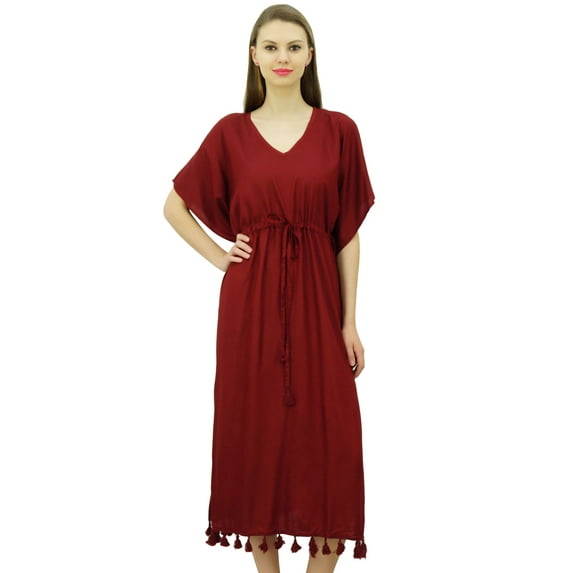 Bimba Women's Long Maxi Kimono Kaftan Rayon Night Gown Drawstring Tassel Caftan Coverup
